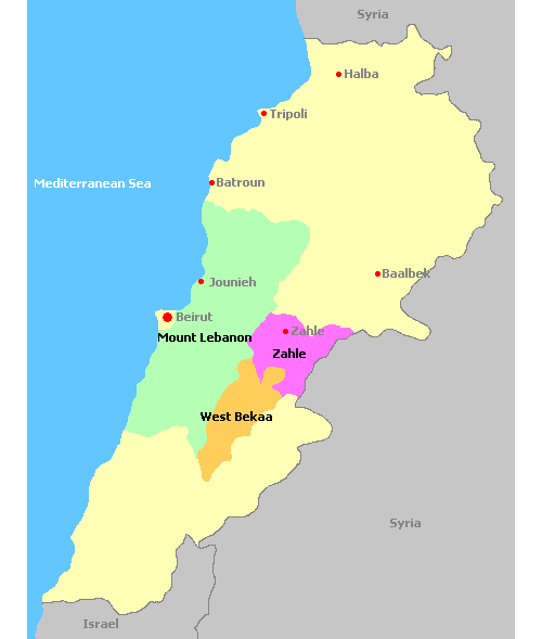 Map of the Wine Regions in Lebanon
